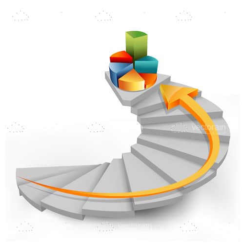 3D Pie Chart on Top of Spiral Staircase with Arrow